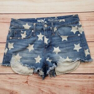 Mossimo  Shorts Womens 0 Blue Denim High Rise Star Print Distressed Frayed Hem‎